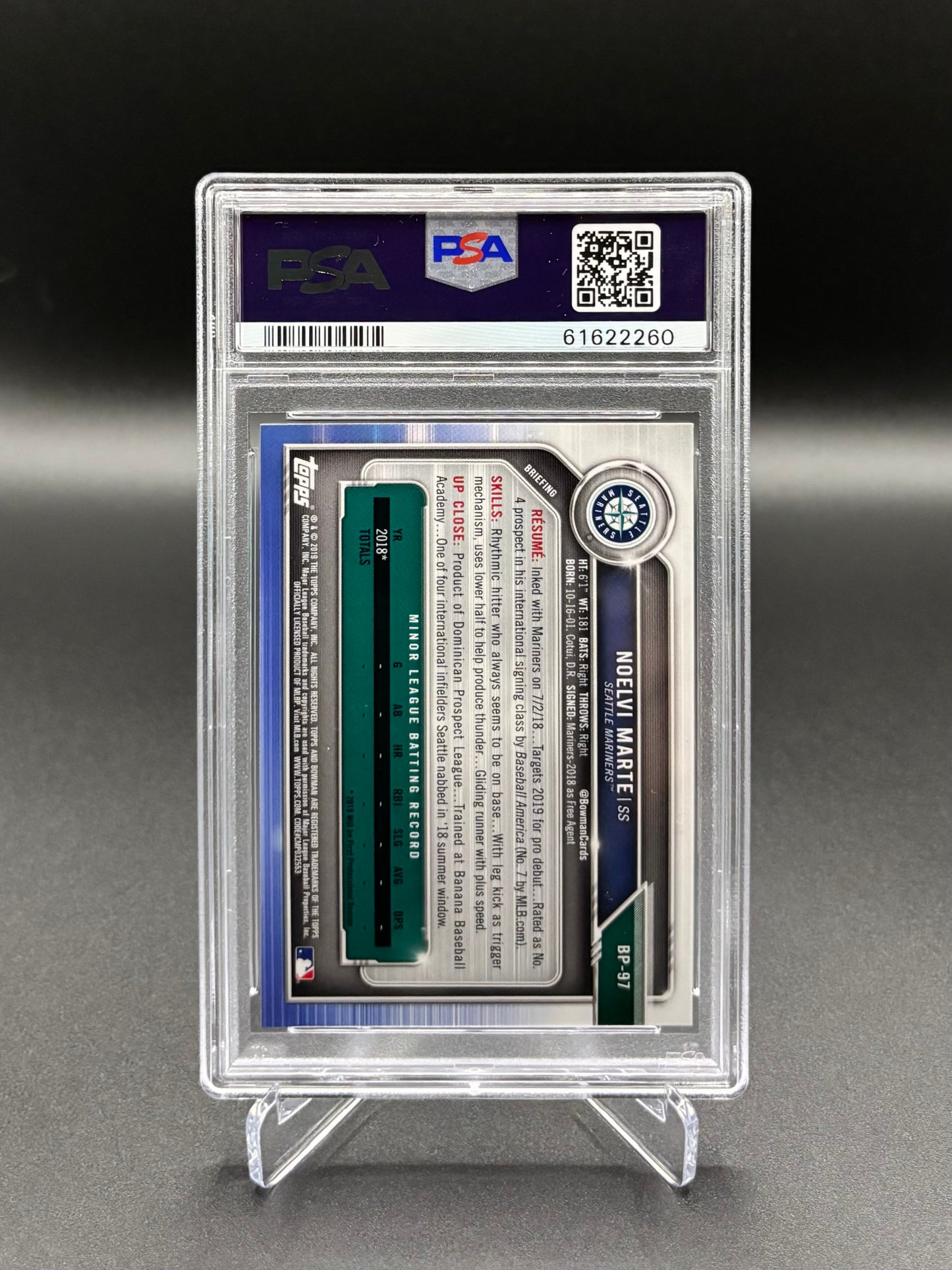 Noelvi Marte - 2019 Bowman #BP97 Paper Prospects – PSA 10 GEM MT Rookie Mariners